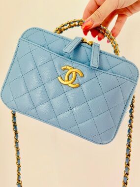 Chanel 22S 'Pick Me Up' Light Blue Caviar Quilted Small Vanity Shoulder Bag